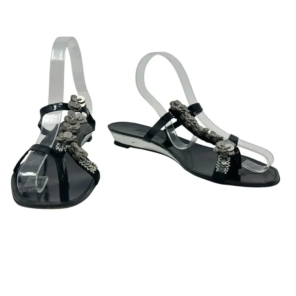 Robert Clergerie Vintage Sandals Slide Embellished Black Silver Size 6.5‎
